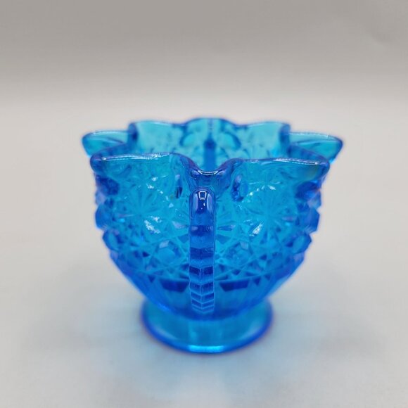 1930s Fenton Daisy and Button Winged Sugar Bowl Blue Art Deco Crimped Top - Picture 4 of 7